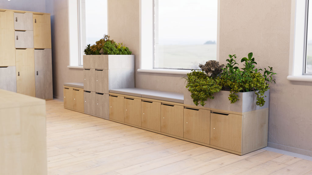 SYSTM storage lockers with seat cushions and planters