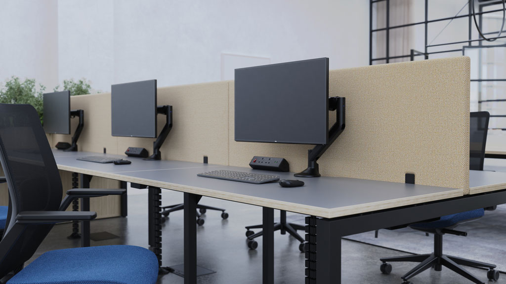 SYSTM modular office desks with acoustic fabric divider screens