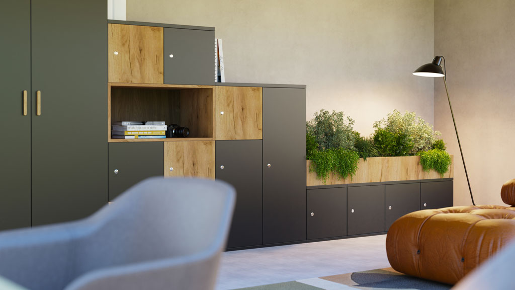 SYSTM storage lockers with cubby and planters
