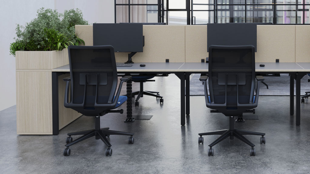 SYSTM modular office desks with storage and planter