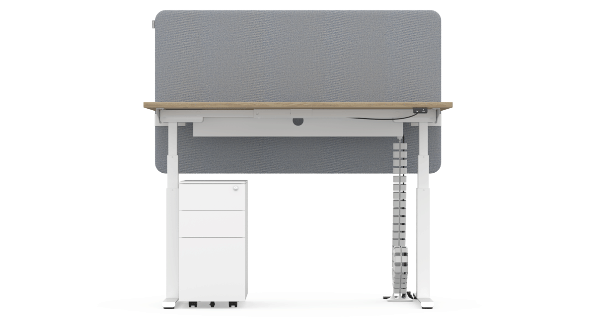 SYSTM height adjustable desk with Cube pedestal and Metalicon cable management accessories
