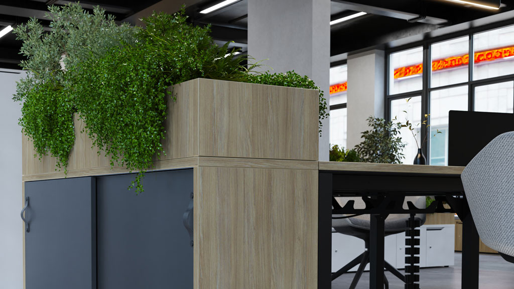 Desk height storage blends seamlessly with bench desking Desk height storage blends seamlessly with bench desking